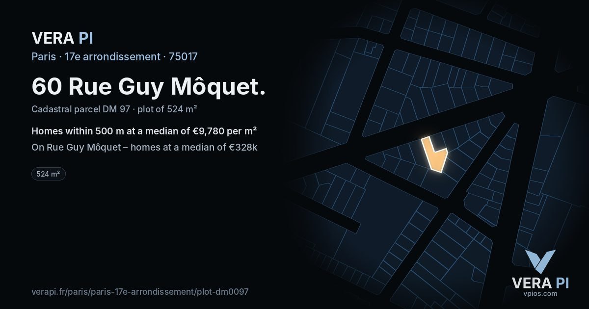 60 Rue Guy Môquet, 17e arrondissement at night – the plot lit, the parcels around coloured by the prices near them
