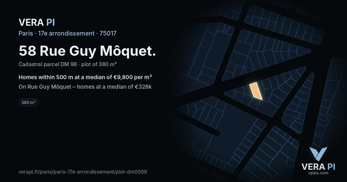58 Rue Guy Môquet, 17e arrondissement at night – the plot lit, the parcels around coloured by the prices near them