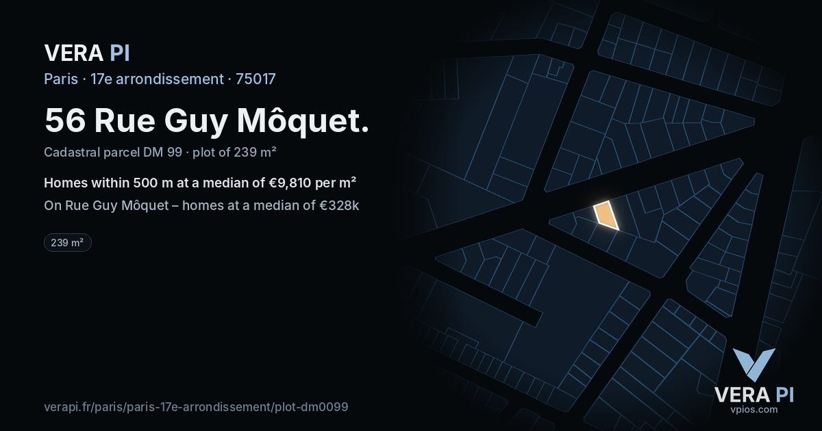 56 Rue Guy Môquet, 17e arrondissement at night – the plot lit, the parcels around coloured by the prices near them