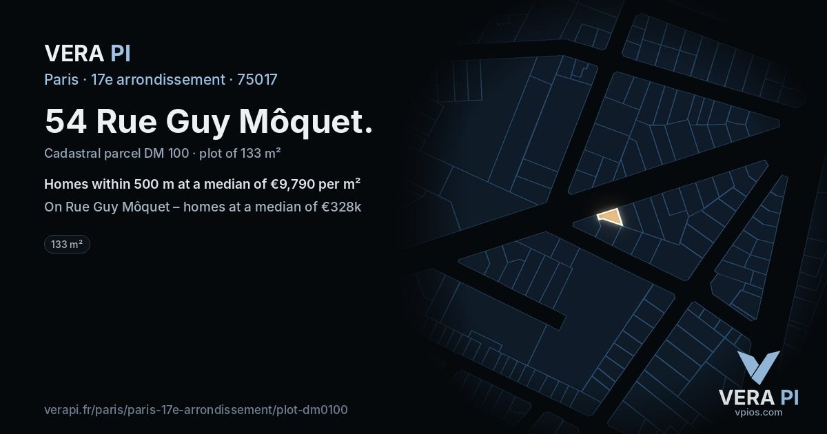 54 Rue Guy Môquet, 17e arrondissement at night – the plot lit, the parcels around coloured by the prices near them