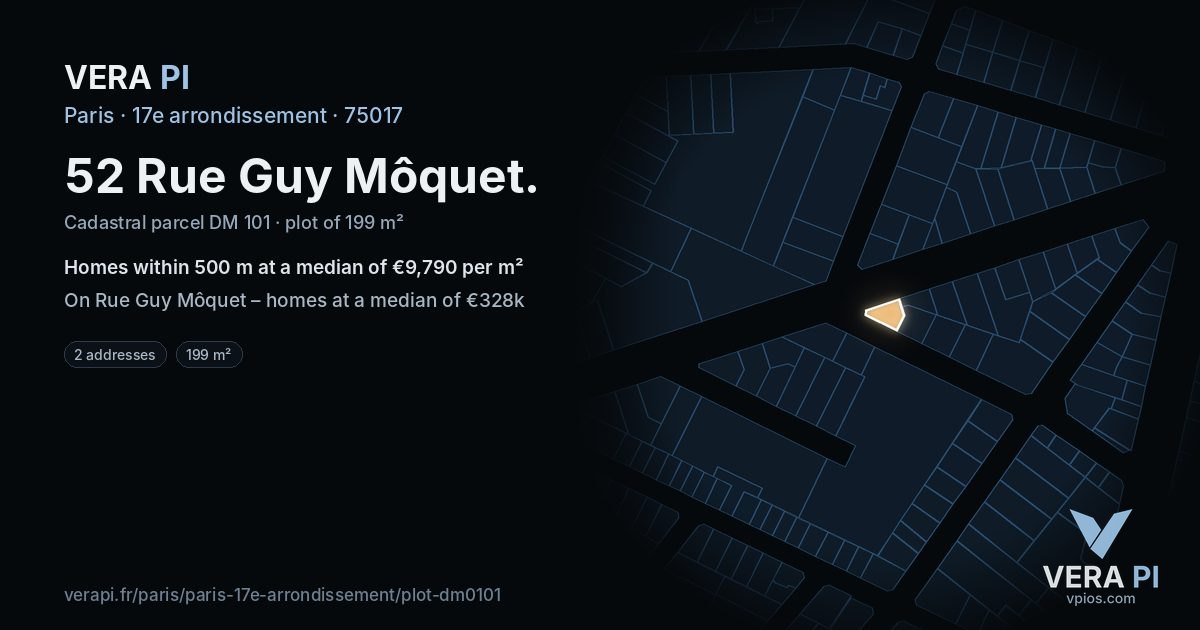 52 Rue Guy Môquet, 17e arrondissement at night – the plot lit, the parcels around coloured by the prices near them