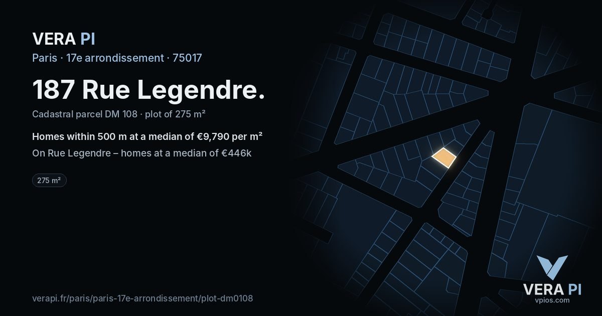 187 Rue Legendre, 17e arrondissement at night – the plot lit, the parcels around coloured by the prices near them