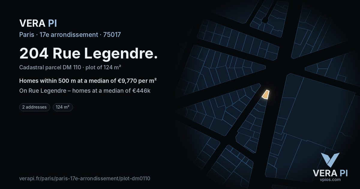 204 Rue Legendre, 17e arrondissement at night – the plot lit, the parcels around coloured by the prices near them