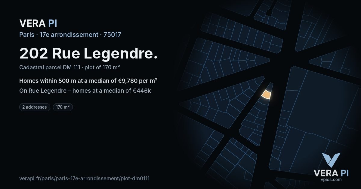 202 Rue Legendre, 17e arrondissement at night – the plot lit, the parcels around coloured by the prices near them