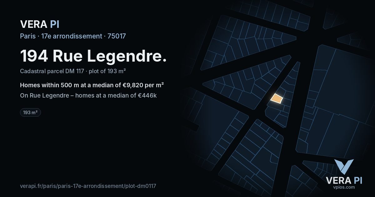 194 Rue Legendre, 17e arrondissement at night – the plot lit, the parcels around coloured by the prices near them