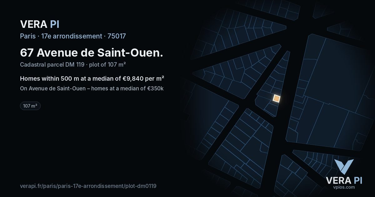67 Avenue de Saint-Ouen, 17e arrondissement at night – the plot lit, the parcels around coloured by the prices near them