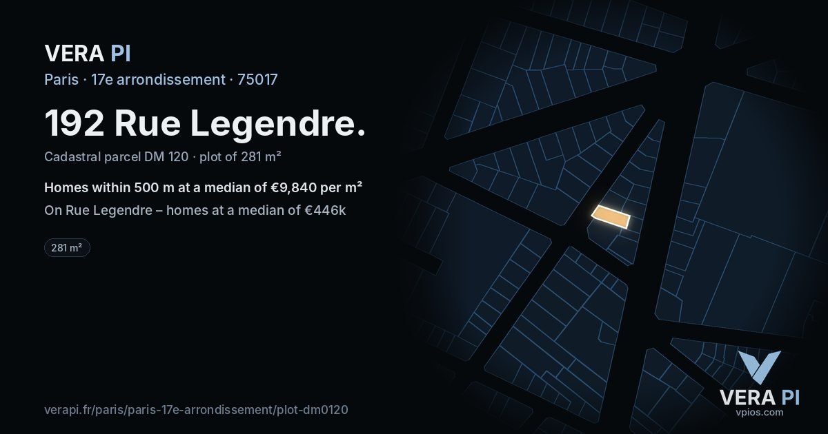 192 Rue Legendre, 17e arrondissement at night – the plot lit, the parcels around coloured by the prices near them