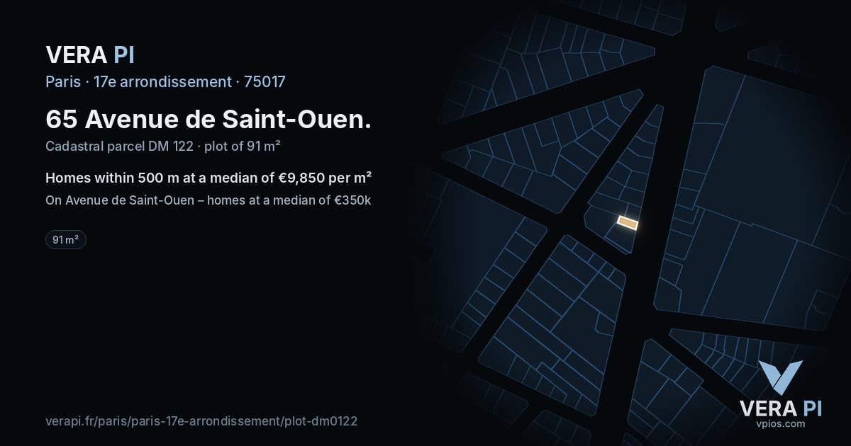65 Avenue de Saint-Ouen, 17e arrondissement at night – the plot lit, the parcels around coloured by the prices near them