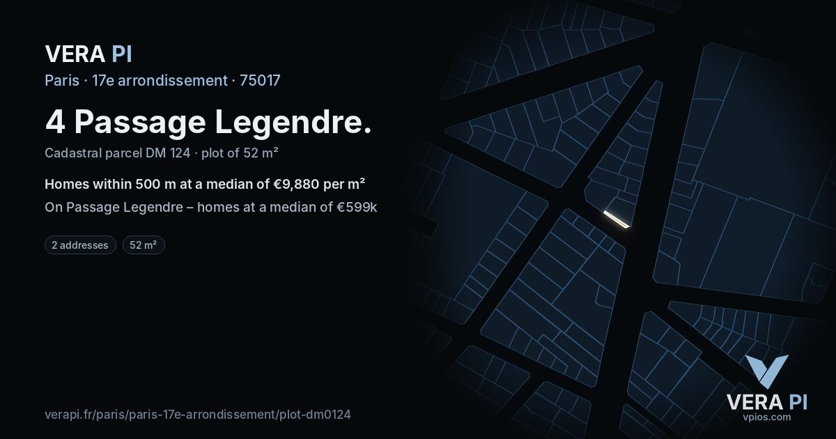 4 Passage Legendre, 17e arrondissement at night – the plot lit, the parcels around coloured by the prices near them