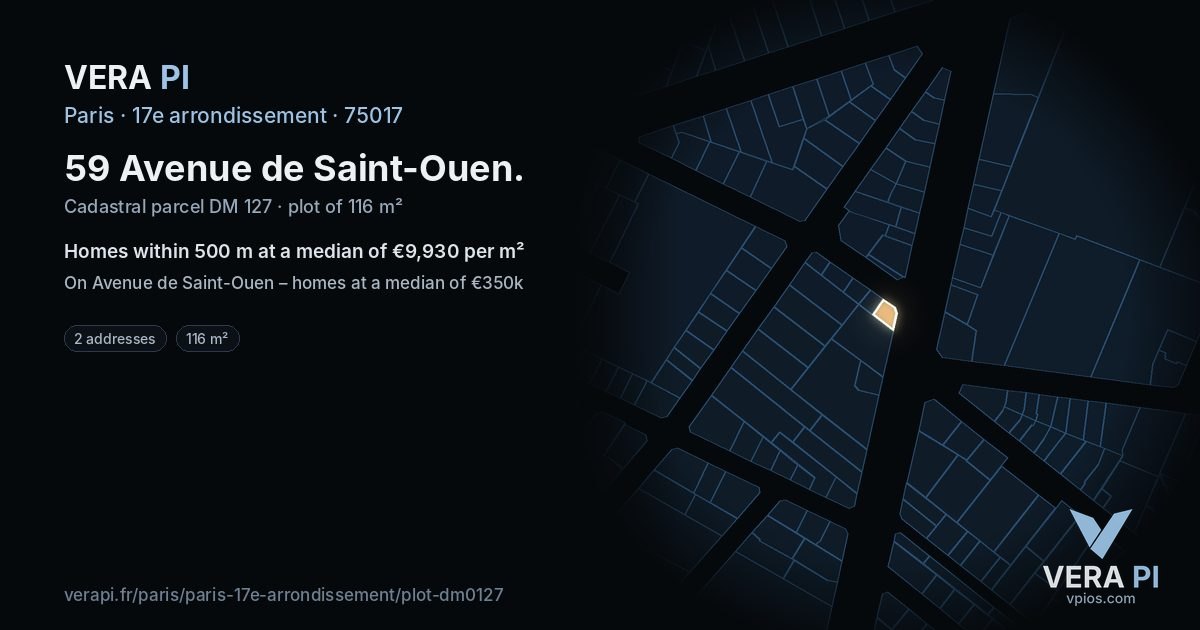 59 Avenue de Saint-Ouen, 17e arrondissement at night – the plot lit, the parcels around coloured by the prices near them