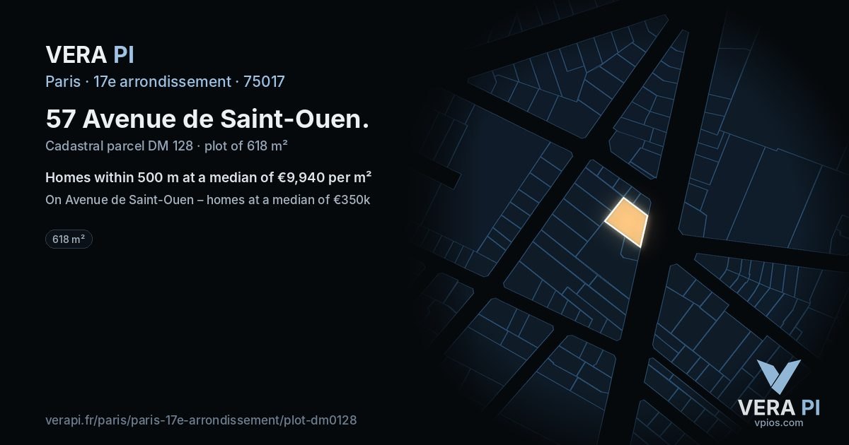 57 Avenue de Saint-Ouen, 17e arrondissement at night – the plot lit, the parcels around coloured by the prices near them