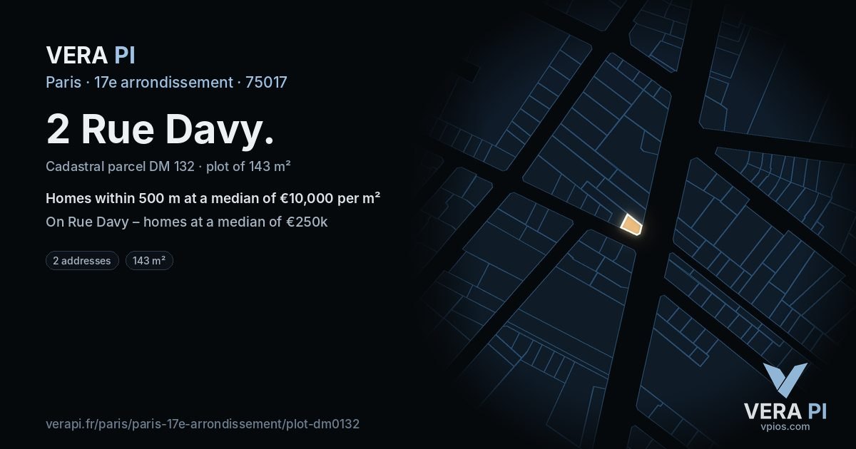 2 Rue Davy, 17e arrondissement at night – the plot lit, the parcels around coloured by the prices near them