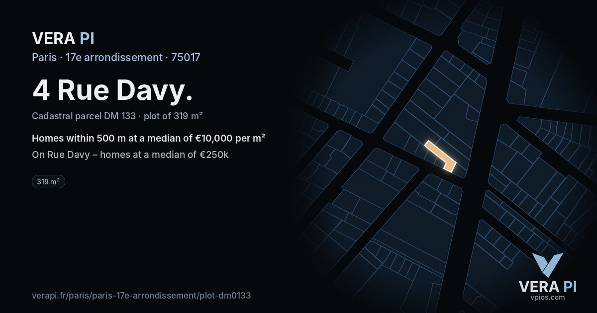 4 Rue Davy, 17e arrondissement at night – the plot lit, the parcels around coloured by the prices near them