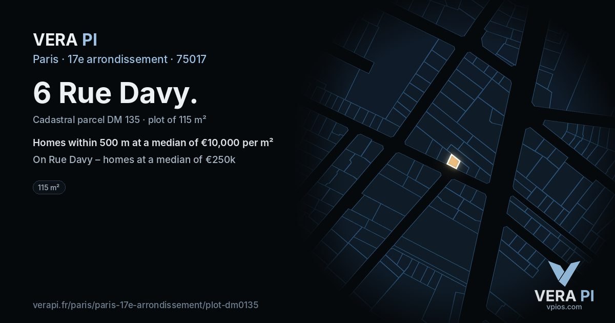 6 Rue Davy, 17e arrondissement at night – the plot lit, the parcels around coloured by the prices near them