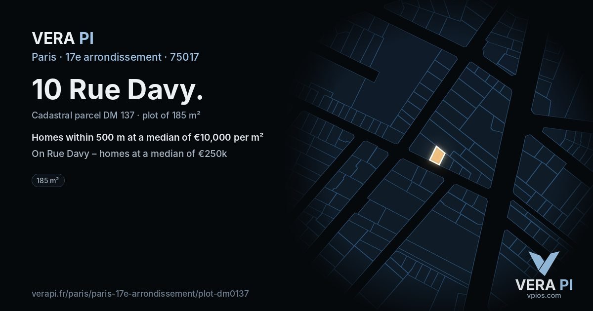 10 Rue Davy, 17e arrondissement at night – the plot lit, the parcels around coloured by the prices near them