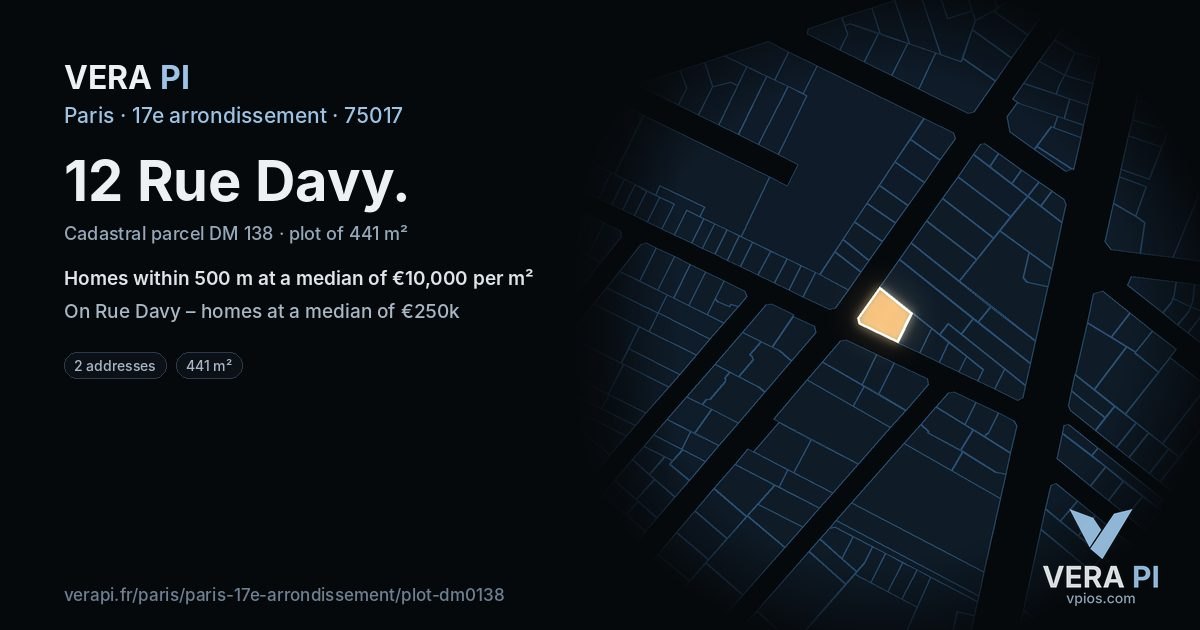 12 Rue Davy, 17e arrondissement at night – the plot lit, the parcels around coloured by the prices near them