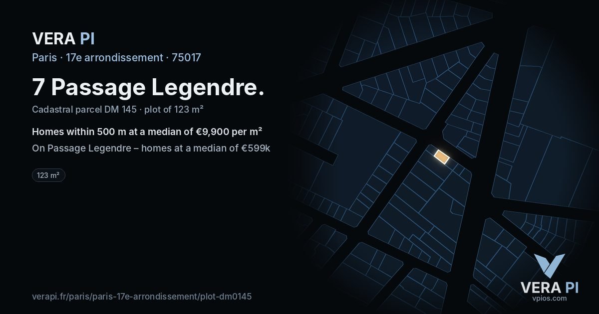 7 Passage Legendre, 17e arrondissement at night – the plot lit, the parcels around coloured by the prices near them