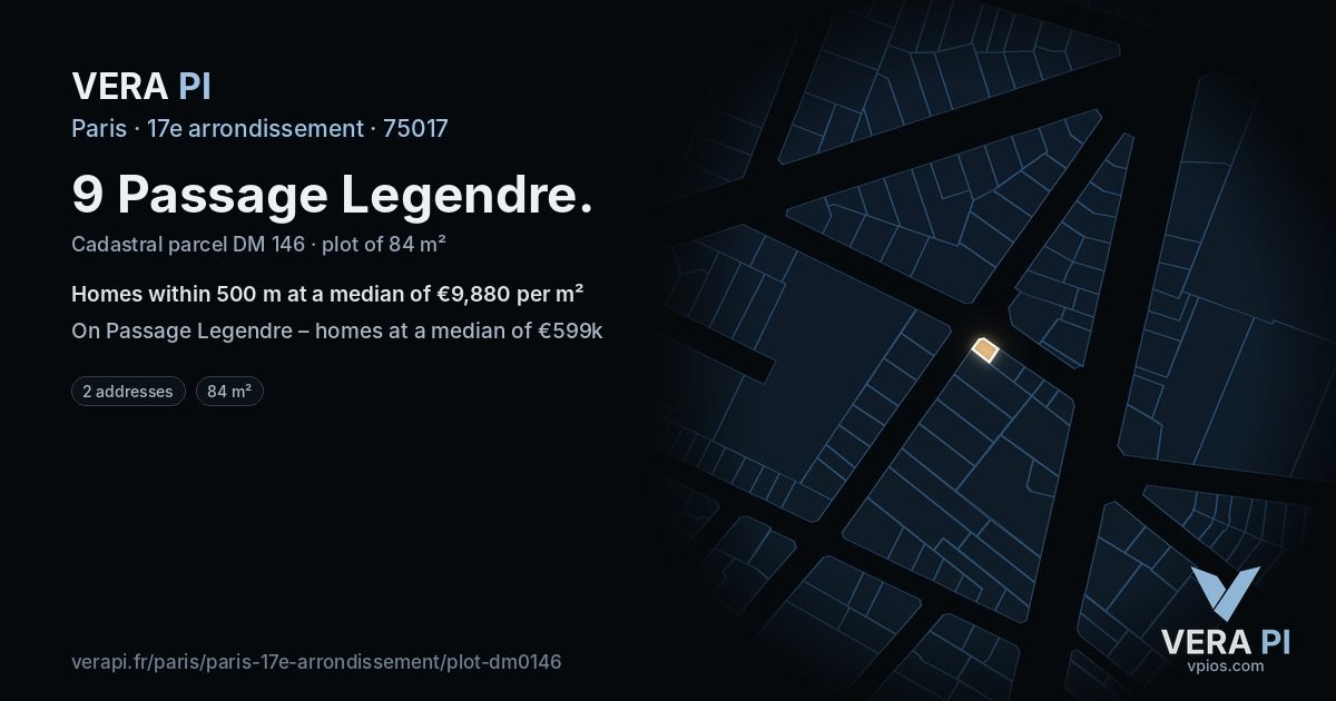 9 Passage Legendre, 17e arrondissement at night – the plot lit, the parcels around coloured by the prices near them