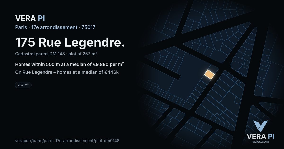 175 Rue Legendre, 17e arrondissement at night – the plot lit, the parcels around coloured by the prices near them