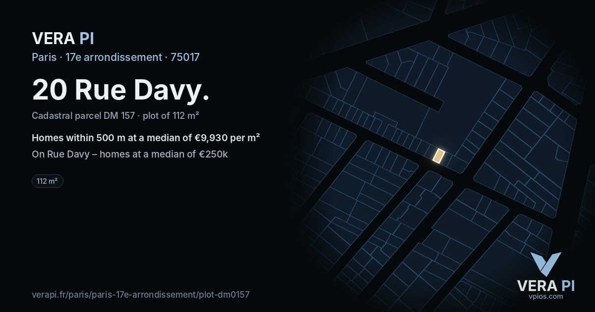 20 Rue Davy, 17e arrondissement at night – the plot lit, the parcels around coloured by the prices near them