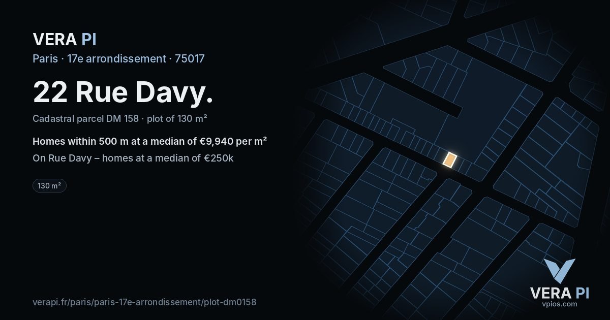 22 Rue Davy, 17e arrondissement at night – the plot lit, the parcels around coloured by the prices near them