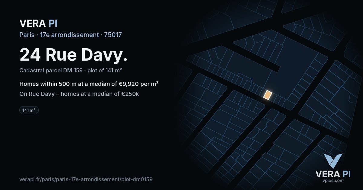 24 Rue Davy, 17e arrondissement at night – the plot lit, the parcels around coloured by the prices near them