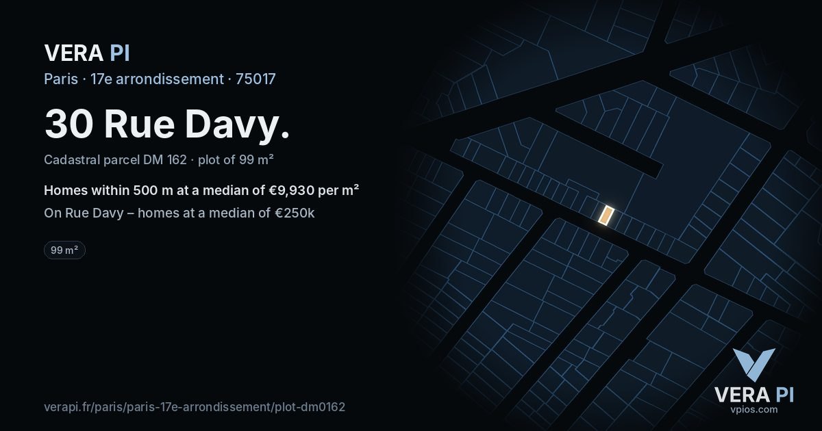 30 Rue Davy, 17e arrondissement at night – the plot lit, the parcels around coloured by the prices near them