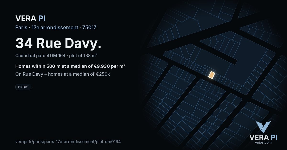34 Rue Davy, 17e arrondissement at night – the plot lit, the parcels around coloured by the prices near them