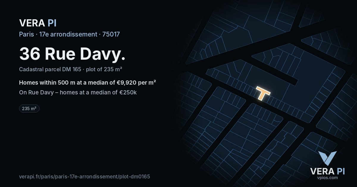 36 Rue Davy, 17e arrondissement at night – the plot lit, the parcels around coloured by the prices near them