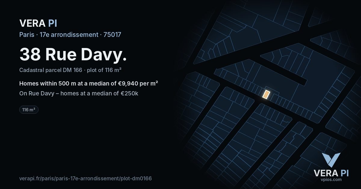 38 Rue Davy, 17e arrondissement at night – the plot lit, the parcels around coloured by the prices near them
