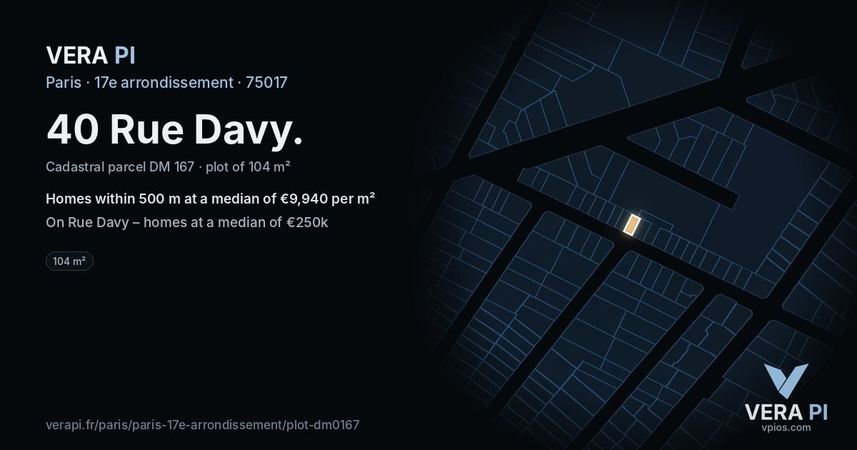 40 Rue Davy, 17e arrondissement at night – the plot lit, the parcels around coloured by the prices near them