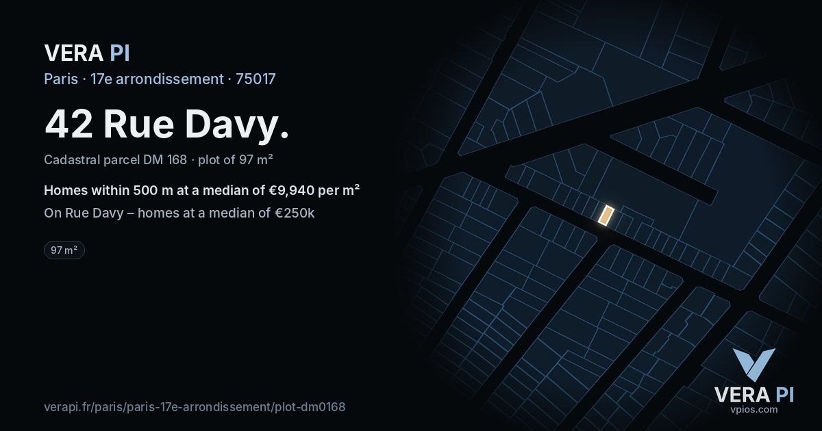 42 Rue Davy, 17e arrondissement at night – the plot lit, the parcels around coloured by the prices near them