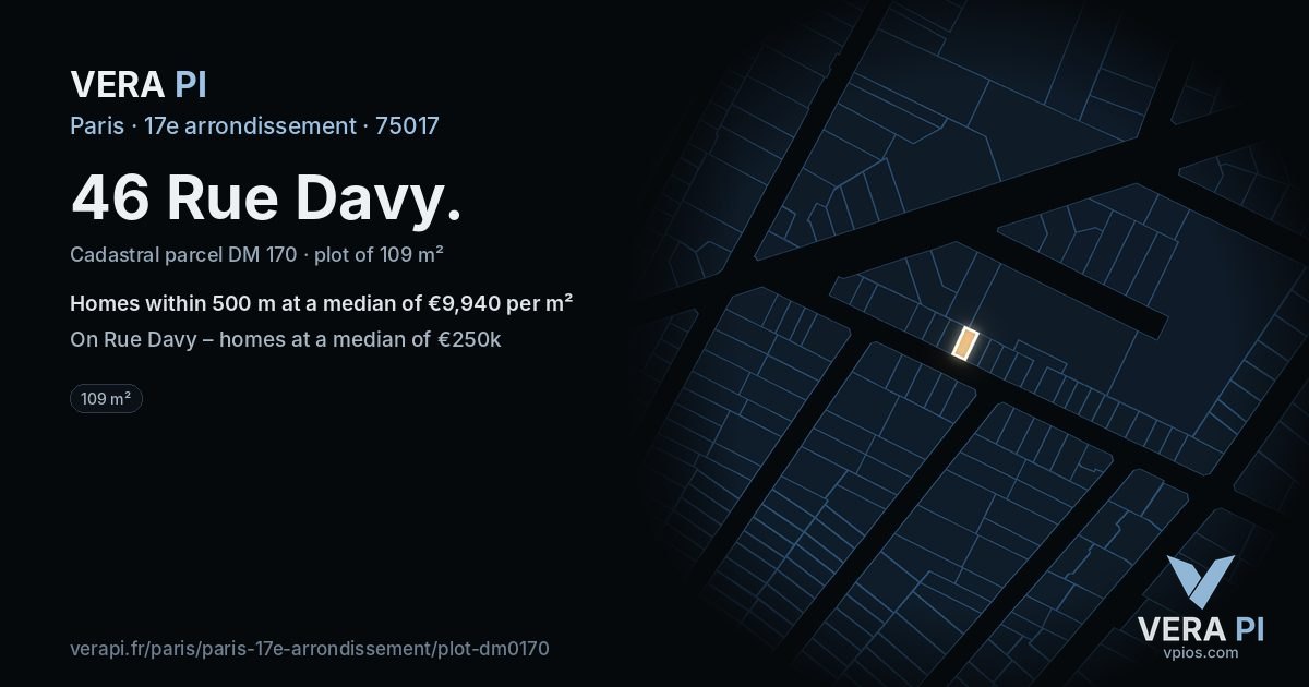 46 Rue Davy, 17e arrondissement at night – the plot lit, the parcels around coloured by the prices near them