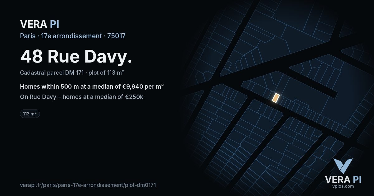 48 Rue Davy, 17e arrondissement at night – the plot lit, the parcels around coloured by the prices near them