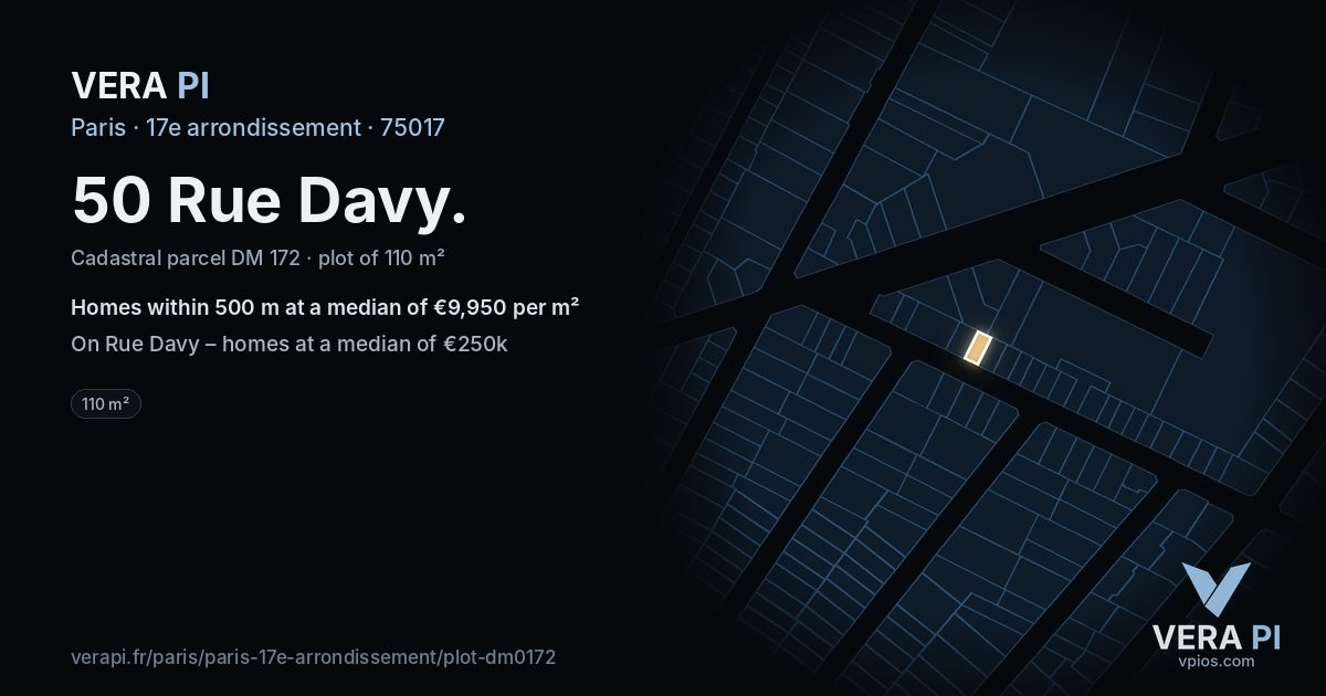 50 Rue Davy, 17e arrondissement at night – the plot lit, the parcels around coloured by the prices near them
