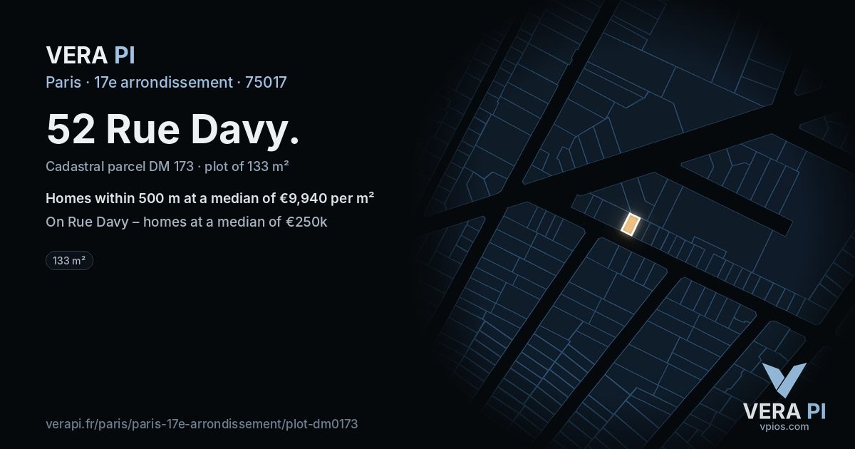 52 Rue Davy, 17e arrondissement at night – the plot lit, the parcels around coloured by the prices near them