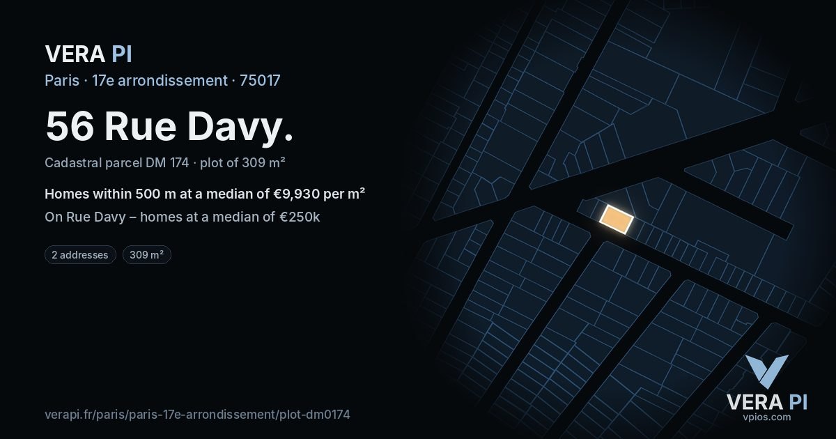 56 Rue Davy, 17e arrondissement at night – the plot lit, the parcels around coloured by the prices near them