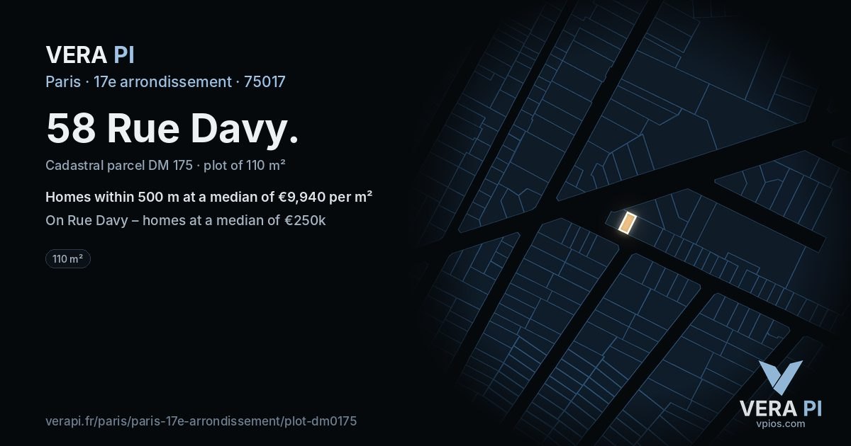 58 Rue Davy, 17e arrondissement at night – the plot lit, the parcels around coloured by the prices near them