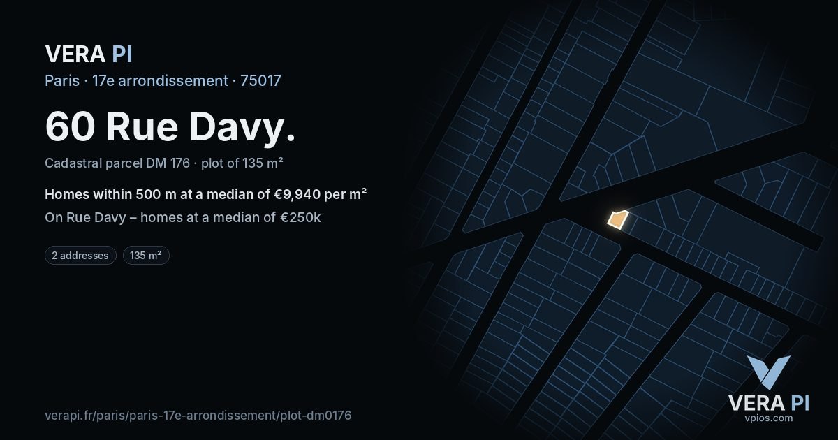 60 Rue Davy, 17e arrondissement at night – the plot lit, the parcels around coloured by the prices near them