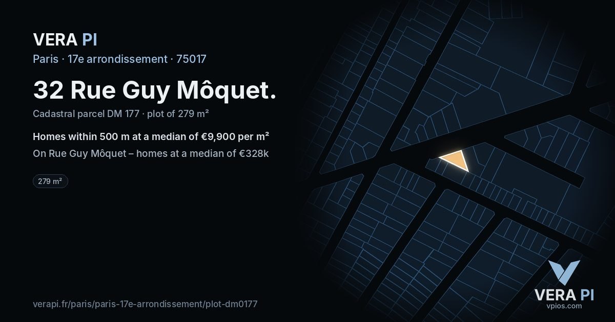 32 Rue Guy Môquet, 17e arrondissement at night – the plot lit, the parcels around coloured by the prices near them
