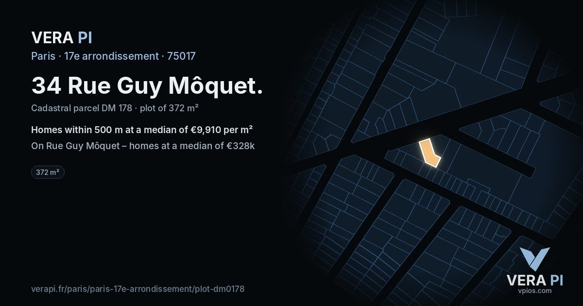 34 Rue Guy Môquet, 17e arrondissement at night – the plot lit, the parcels around coloured by the prices near them