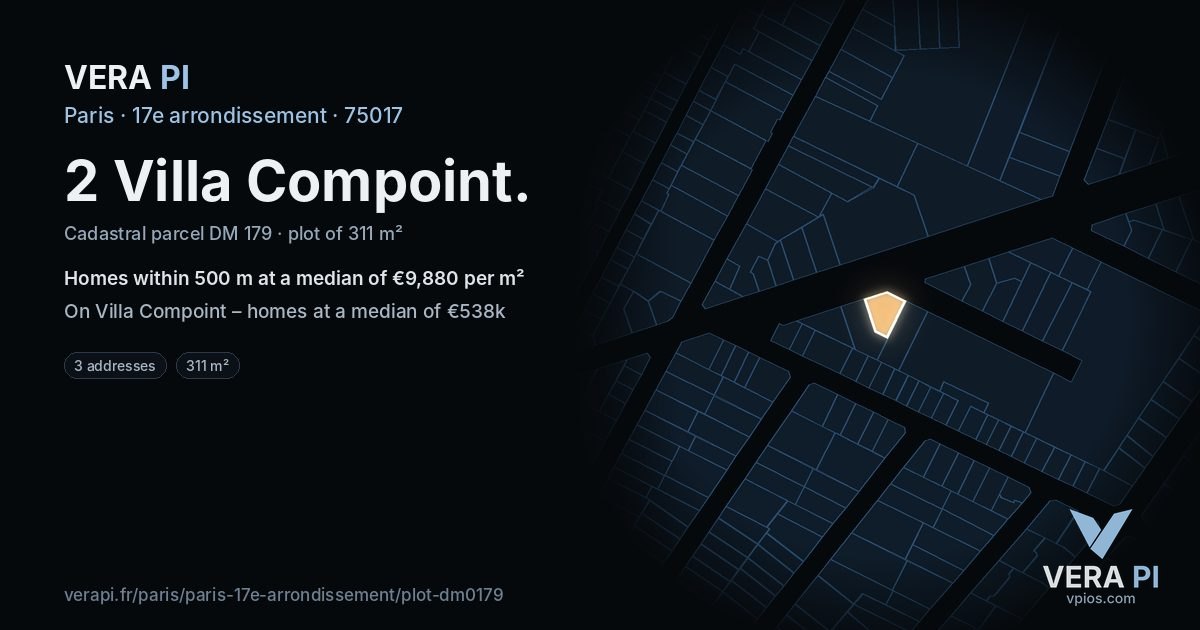 2 Villa Compoint, 17e arrondissement at night – the plot lit, the parcels around coloured by the prices near them