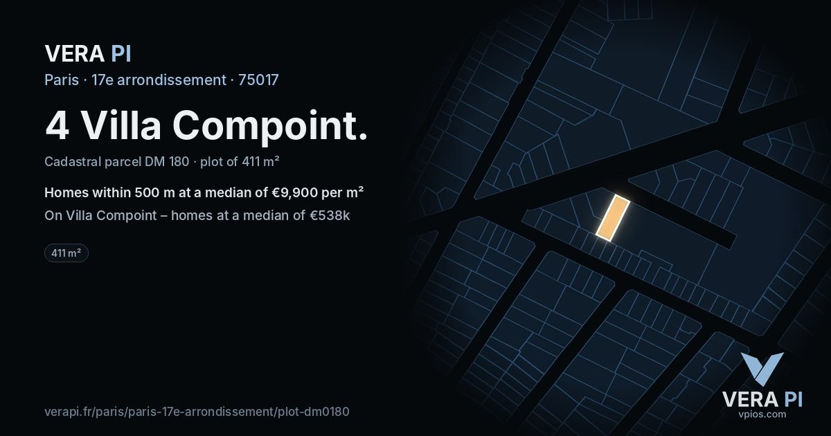 4 Villa Compoint, 17e arrondissement at night – the plot lit, the parcels around coloured by the prices near them