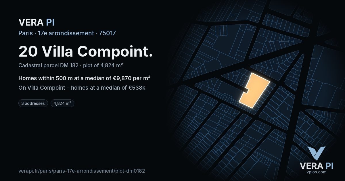 20 Villa Compoint, 17e arrondissement at night – the plot lit, the parcels around coloured by the prices near them