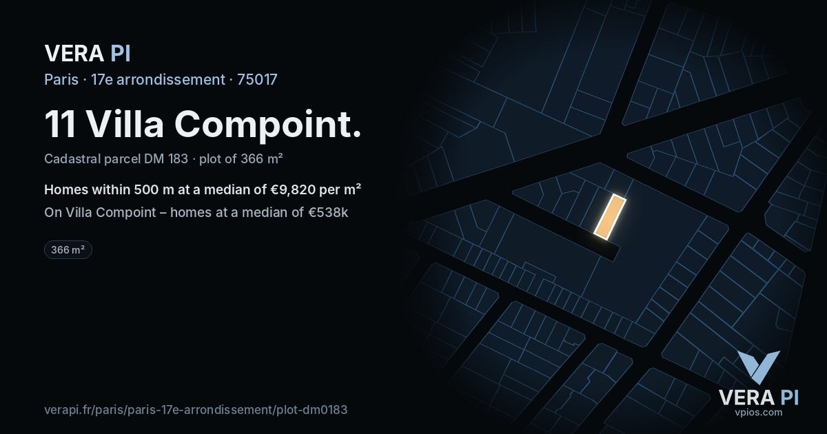 11 Villa Compoint, 17e arrondissement at night – the plot lit, the parcels around coloured by the prices near them