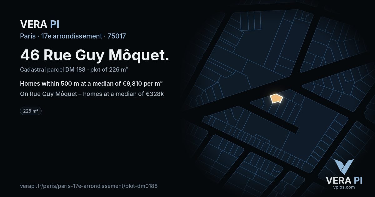 46 Rue Guy Môquet, 17e arrondissement at night – the plot lit, the parcels around coloured by the prices near them