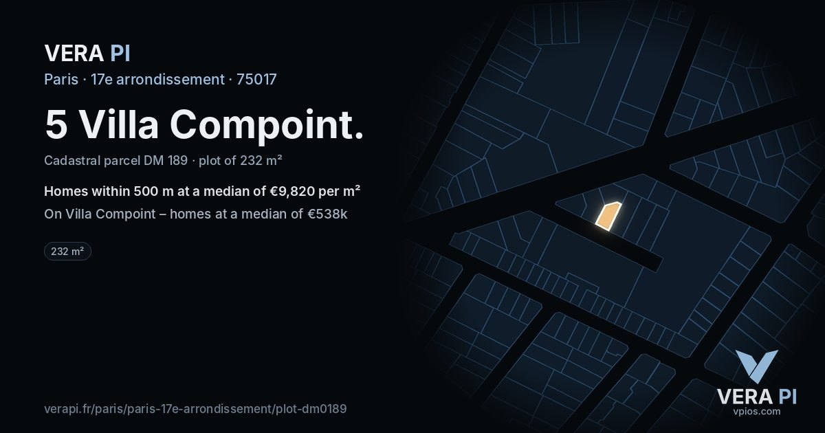 5 Villa Compoint, 17e arrondissement at night – the plot lit, the parcels around coloured by the prices near them
