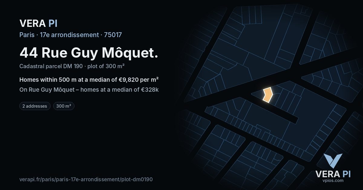 44 Rue Guy Môquet, 17e arrondissement at night – the plot lit, the parcels around coloured by the prices near them