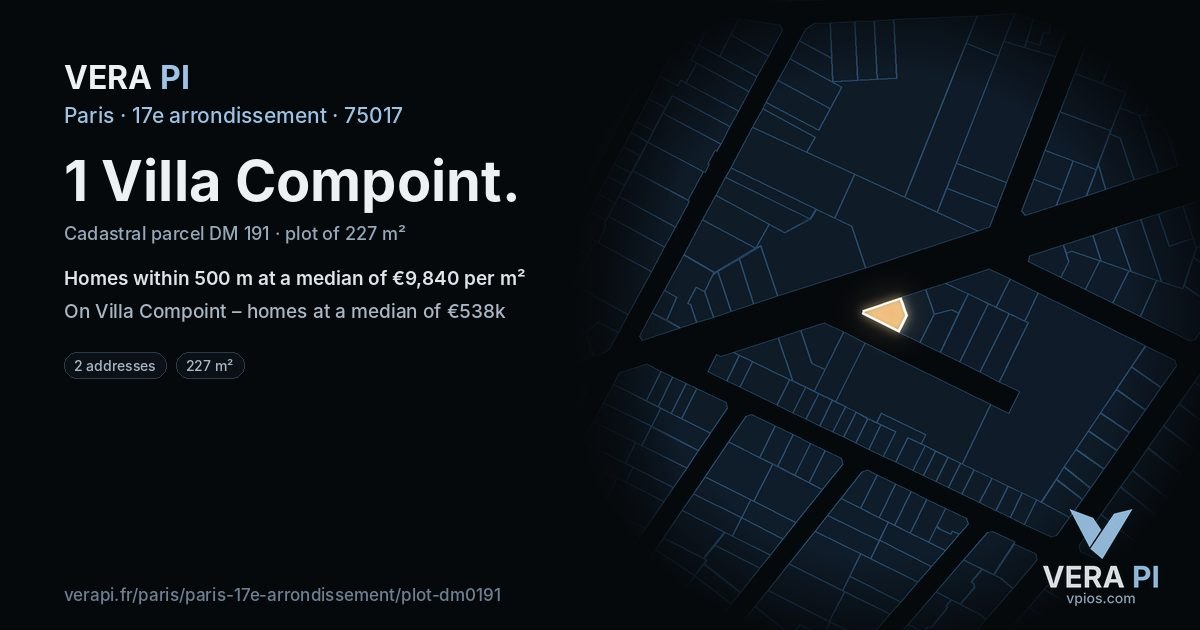 1 Villa Compoint, 17e arrondissement at night – the plot lit, the parcels around coloured by the prices near them