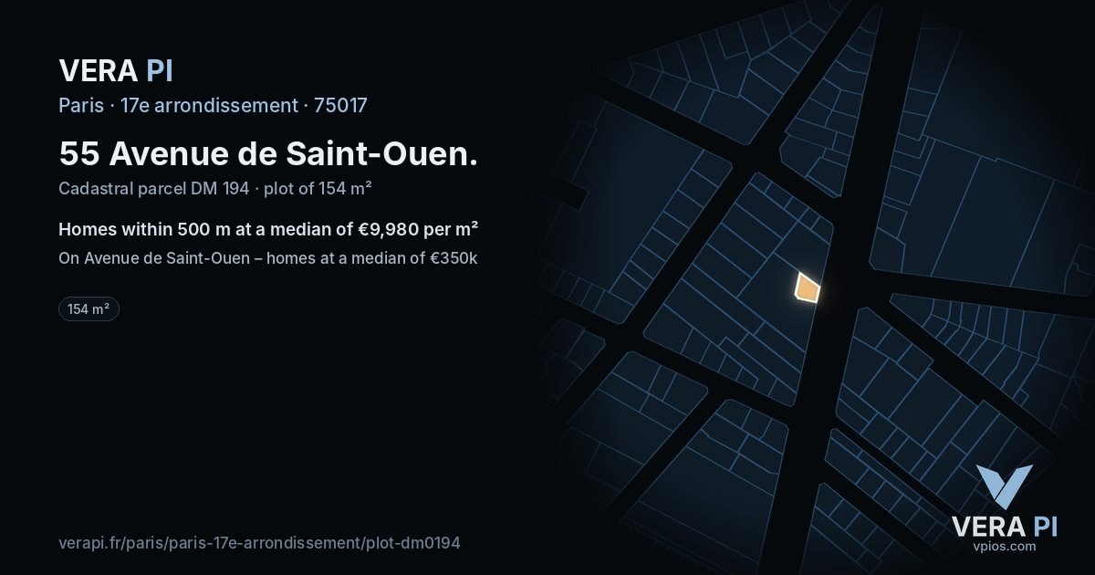 55 Avenue de Saint-Ouen, 17e arrondissement at night – the plot lit, the parcels around coloured by the prices near them